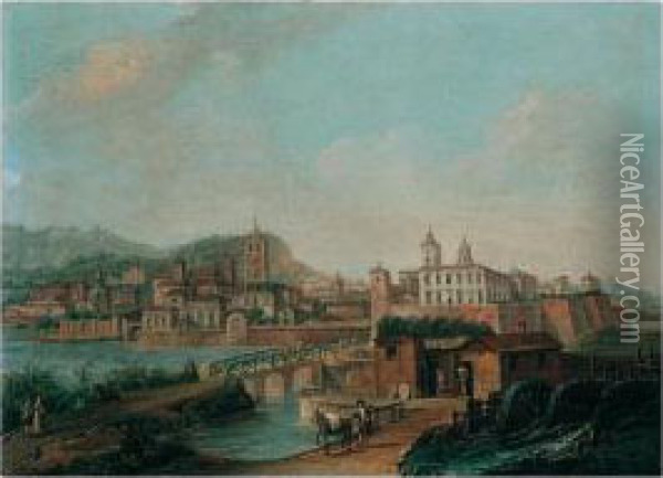 A View Of A Spanish Town By A River With Figures Crossing A Bridge By A Watermill Oil Painting - Francesco Battaglioli