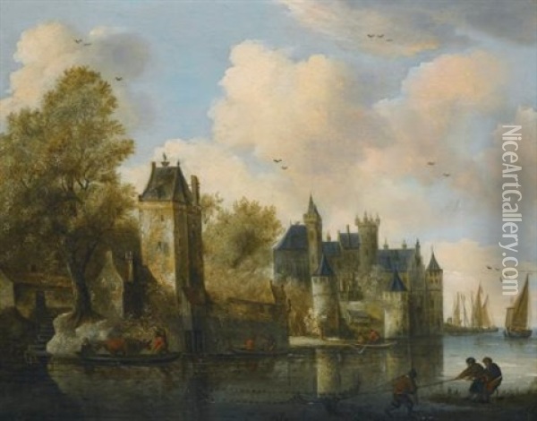 A Fortified Town On A River With A Ferry Oil Painting - Salomon van Ruysdael