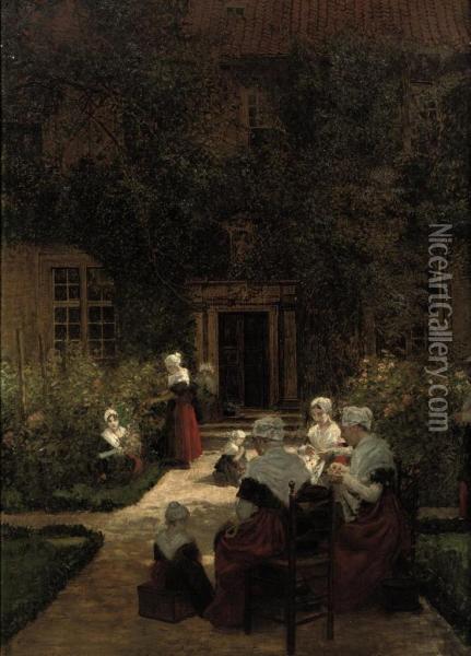 Amsterdam Orphan Girls In A Sunlit Garden Oil Painting - Walther Firle
