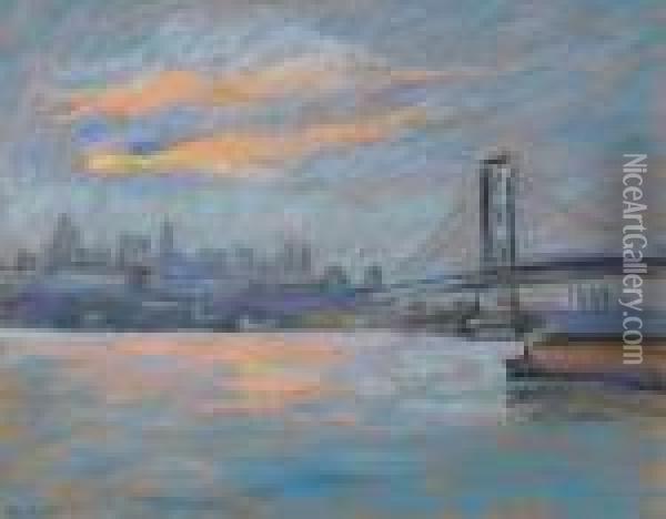 View Of The Brooklyn Bridge Oil Painting - Arthur C. Goodwin