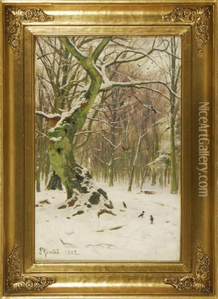 Forest Landscape In Winter Oil Painting - Peder Mork Monsted