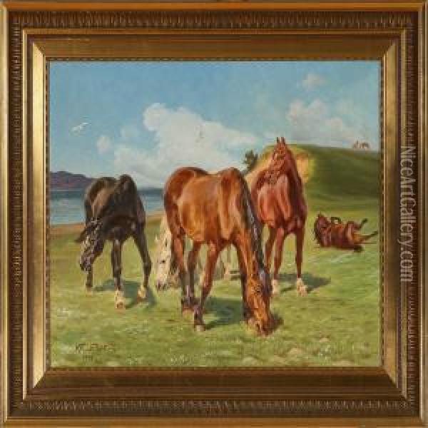 Summer Day Withgrazing Horses Oil Painting - Karl Frederik Hansen-Reistrup