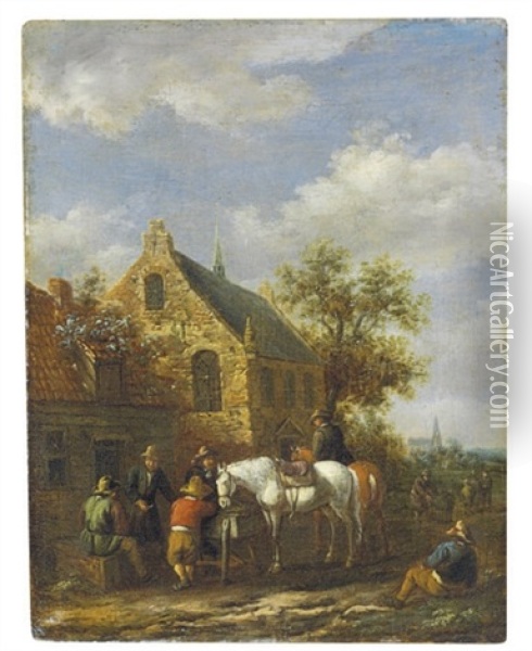 Travelers Resting In A Village Landscape (+ A Companion Painting Of Travelers By A Tavern; 2 Works) Oil Painting - Barend Gael