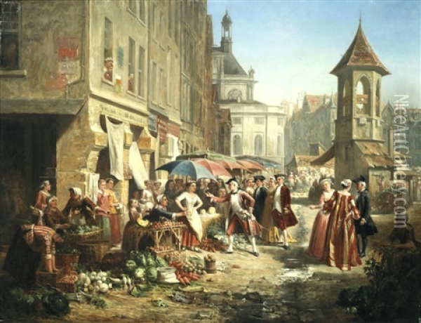 A Parisian Market Scene Oil Painting - Adolphe Francois Montfallet