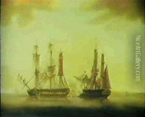 The Engagement Of H.m.s.crescent  Reunion Off The Coast Of Guernsey Oil Painting - Thomas (Captain) Elliott