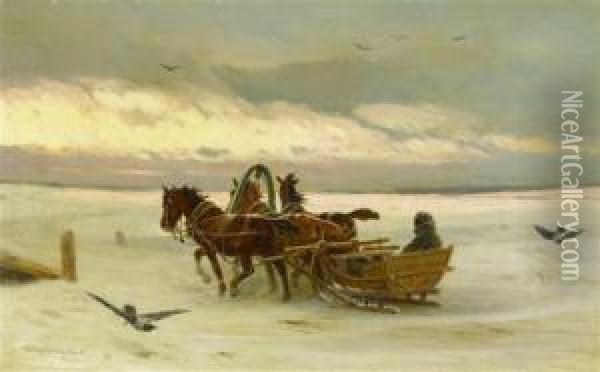 Horsedrawn Sledges In The Show Oil Painting - Petr Nicolaevich Gruzinsky