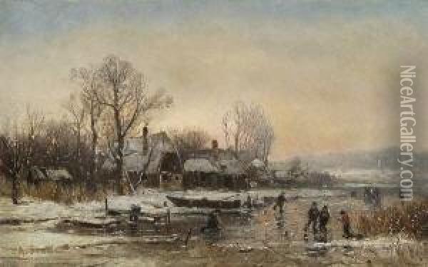 Winterliche
 Flusslandschaft. Oil Painting - Adolf Stademann