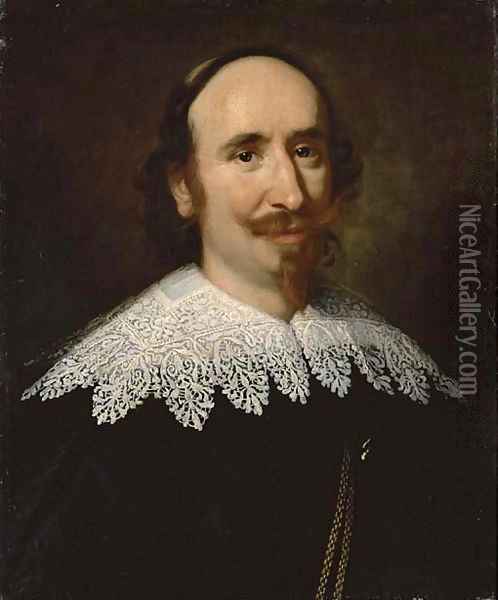 Portrait of a gentleman, bust-length, wearing a black doublet with a lace collar Oil Painting - Tiberio Tinelli