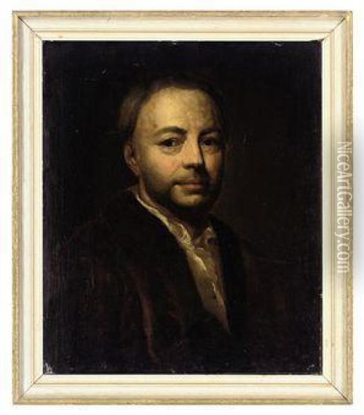 Portrait Of A Gentleman, Bust-length, In A Fur Lined Browncoat Oil Painting - Jan Kupetzki