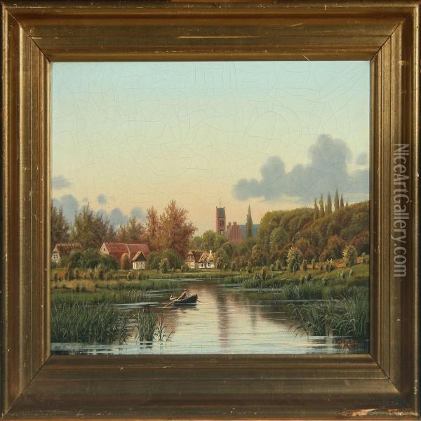 A Danish Steam Scenery From Lyngby Village Oil Painting - Gustav Holmboe
