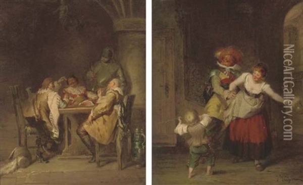 The Round Table (+ Flirtation; Pair) Oil Painting - Jakob Emanuel Gaisser