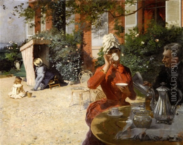Le Dejeuner Sur La Terrasse, Villerville Oil Painting - Ernest-Ange Duez