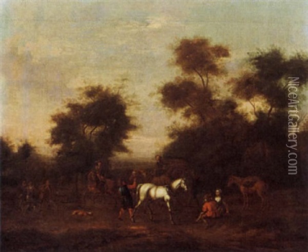 A Hunting Party Resting Near Trees Oil Painting - Barend Gael