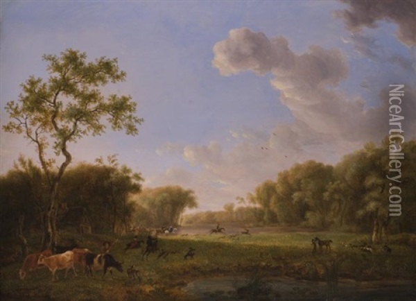 Landschaft Mit Jagdreitern Und Einem Jungen Kuhhirten Oil Painting - Johannes (Jan) Tavenraat