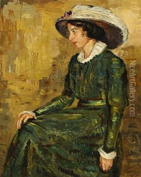 Portait Of A The Artist Wife Adele Peschke-koedt In A Green Dress Oil Painting - Matthias M. Peschcke-Koedt