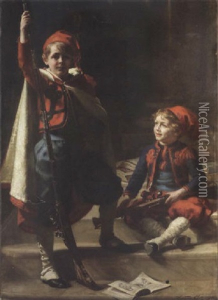 Zouaves - Portrait Of Francis And Philip Mond, Sons Of Emile Mond, Esq. Oil Painting - Sigismund Christian Hubert Goetze