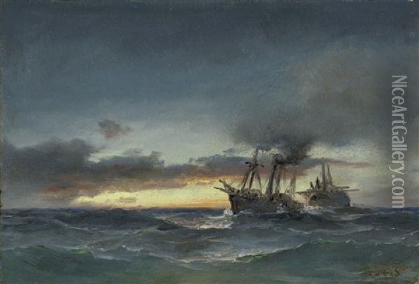 Zwei Dampfschiffe Auf Sturmischer See Bei Sonnenaufgang Oil Painting - Daniel Hermann Anton Melbye
