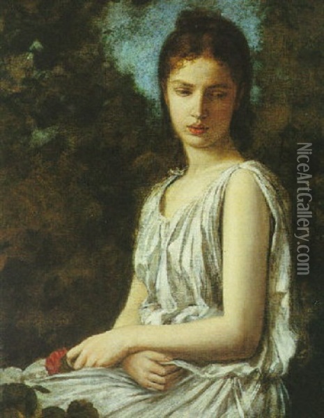 A Young Woman In Classical Dress Holding A Red Rose Oil Painting - Georges Bellenger