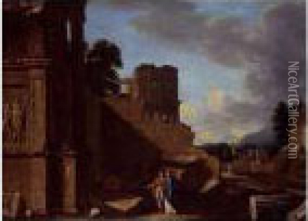 A Landscape With Classical Monuments And Figures Oil Painting - Jean Lemaire