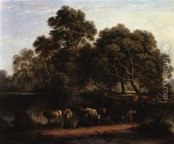 Early Morning, Anglers At A Wooded River Bank With Cattle Watering Oil Painting - John Glover