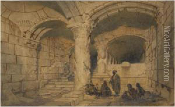 Arab Figures In A Vault Within The Al-aqsa Mosque, Jerusalem Oil Painting - Carl Haag