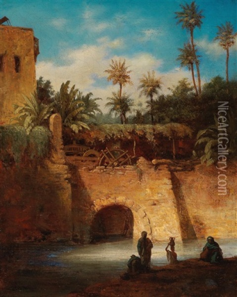 Water Carriers By The Mill Oil Painting - Alois Schoenn