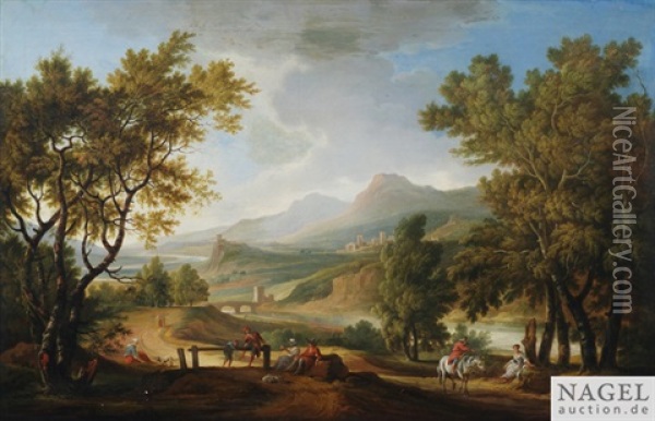 Italienisierende Flusslandschaft Mit Bauern Und Reisenden Oil Painting - Adolf Friedrich Harper