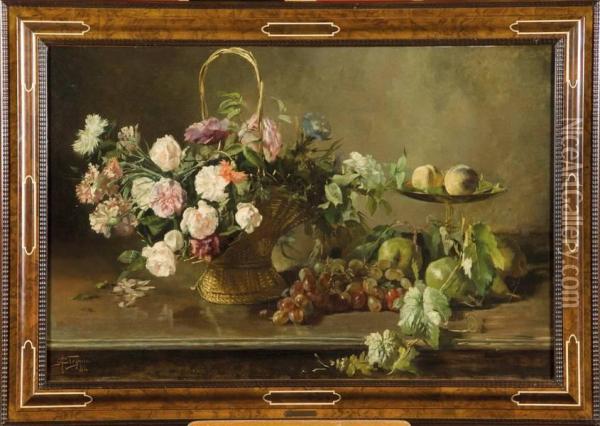Nature Morte A La Corbeille De Fleurs Et Aux Fruits Oil Painting - Adolphe Crespin
