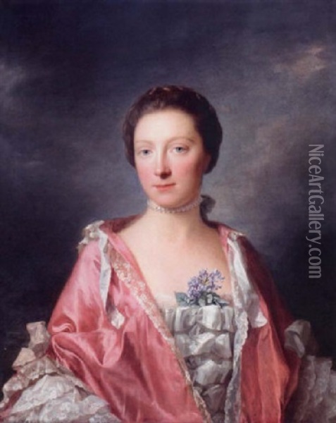 Portrait Of Elizabeth Gunning, Duchess Of Argyll, Wearing A Pink Dress With Lace Bodice And Sleeves Oil Painting - Allan Ramsay