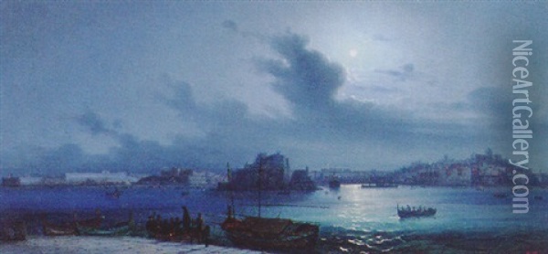 Valetta Harbour By Moonlight, Malta Oil Painting - Guglielmo Ciardi