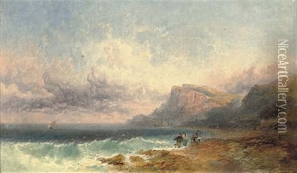 Hauling In The Nets (+ Fishermen On The Coast; Pair) Oil Painting - Joseph Horlor