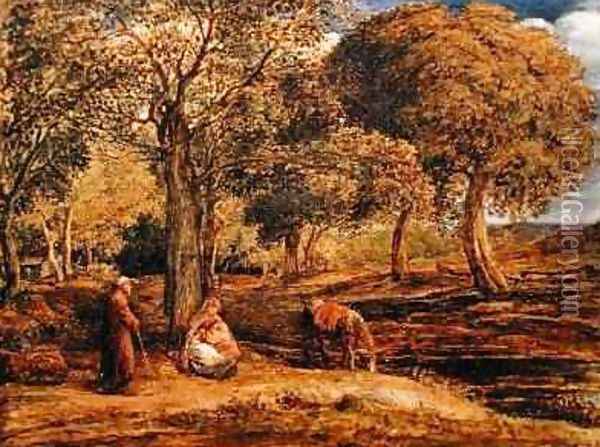 Landscape with Family Group possibly The Rest on the Flight into Egypt Oil Painting - John Linnell