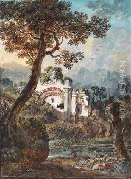 Landschaft Mit Ruinen Und Teich Oil Painting - Balthasar Anton Dunker