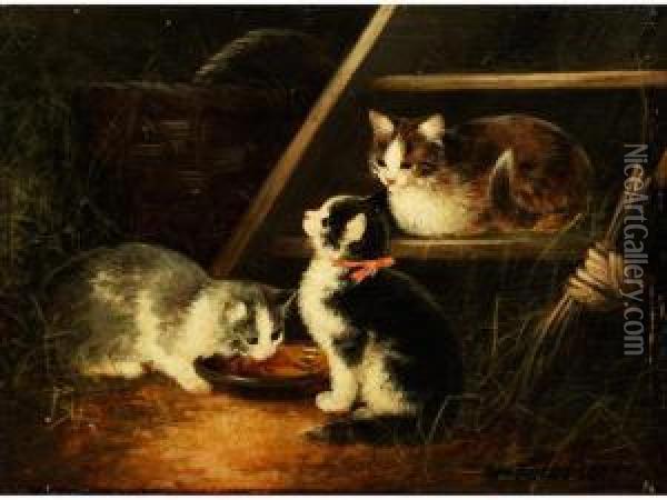 Drei Katzen Im Heustadel An Einer Leiter Oil Painting - Otto Scheuerer