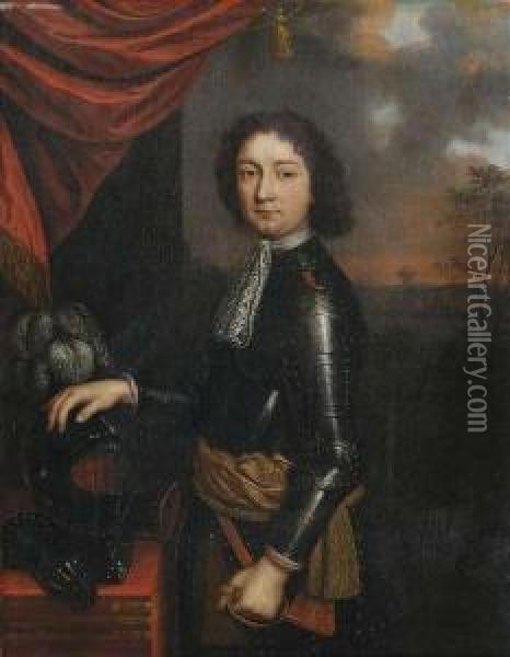 Portrait Of A Nobleman In A Suit Of Armour In Front Of A Landscape. Oil Painting - Cornelius Jonson