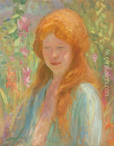 Portrait Of A Young Girl In A Garden Oil Painting - Robert Reid