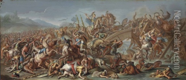 The Battle At The Milvian Bridge Oil Painting - Charles Le Brun