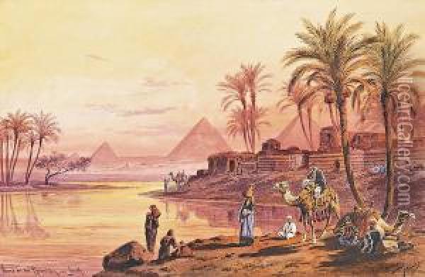 Bord Du Nil Anime Au Soleil Couchant Pres De La Pyramide Degizeh Oil Painting - Friedrich Perlberg