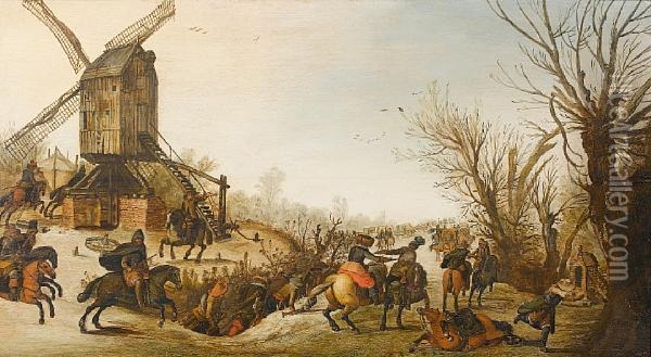 Travellers Ambushed On A Snow-covered Pathbefore A Windmill Oil Painting - Sebastien Vrancx