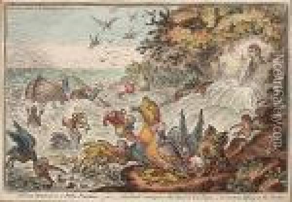 A Great Stream From 
Petty-fountain;-or- John Bull Swamped In The Flood Of New 
Taxes;-cormorants Fighting In The Stream Oil Painting - James Gillray