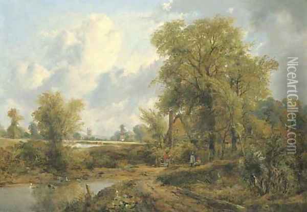 Wooded landscape with figures by a cottage and a church beyond Oil Painting - Frederick Waters Watts
