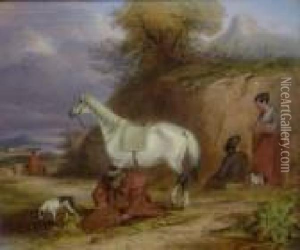 Figures Resting With Horse And Dog Oil Painting - William Joseph Shayer