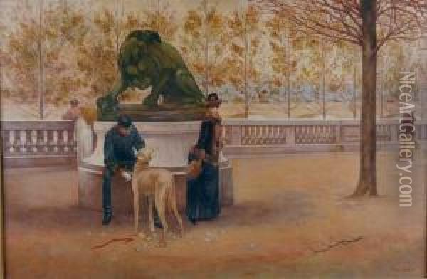 Soldat, Elegante Et Son Chien Dans Un Parc Oil Painting - Pierre Carrier-Belleuse