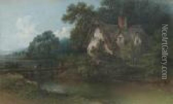 Thatched Cottage With Footbridge In An Extensive Wooded Landscape Oil Painting - Edward Robert Smythe