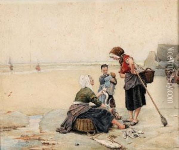 Femmes Et Fillettes De Pecheur Sur La Plage Oil Painting - Pierre Billet