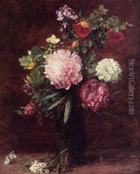 Flowers, Large Bouquet with Three Peonies Oil Painting - Ignace Henri Jean Fantin-Latour