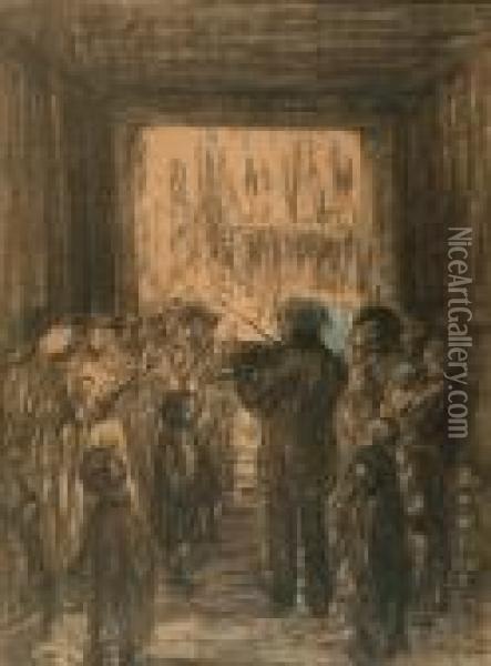 Crowd Listening To A Fiddler Oil Painting - Theophile Alexandre Steinlen