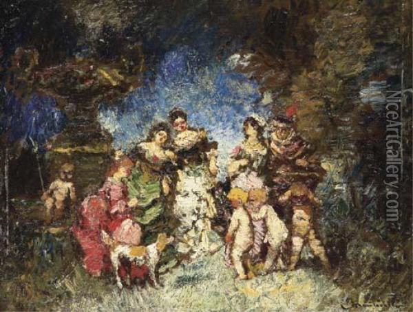 Femmes Et Enfants Au Parc Oil Painting - Adolphe Joseph Th. Monticelli