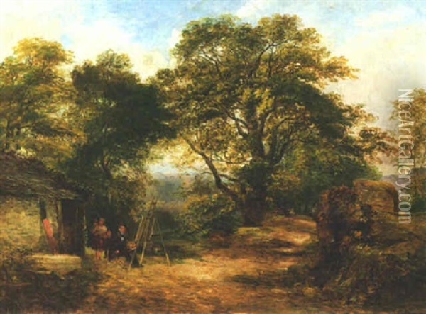Landscape With An Artist With His Family Sketching Outside A Cottage, A Highland Landscape Beyond Oil Painting - Samuel Bough