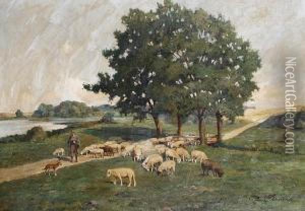 A Shepherd And His Flock On A Countrylane Oil Painting - Paul Thomas
